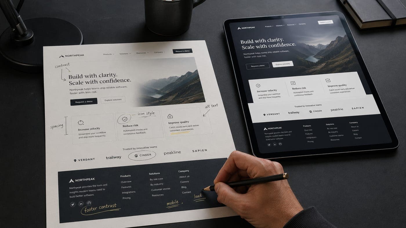 A hand sketching a website wireframe on paper next to a tablet displaying the polished AI-rendered version of the same design, depicting how Claude and GPT fit into a human-led design workflow as a tool, not a replacement