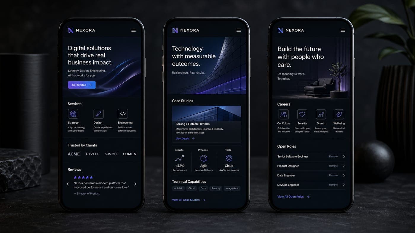 Three smartphones side by side displaying the same business website rendered three different ways for three different visitor segments, illustrating AI-driven website personalization without invasive cross-site tracking