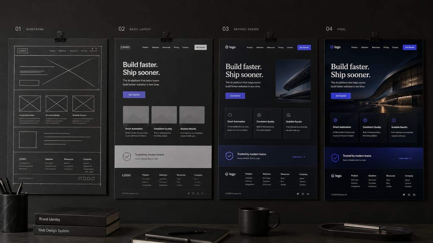 Four progressive mockup stages of a website laid out on a designer's desk, moving from rough wireframe to fully designed final layout, showing the kind of multi-iteration build cycle AI-assisted teams now ship in a fraction of the time