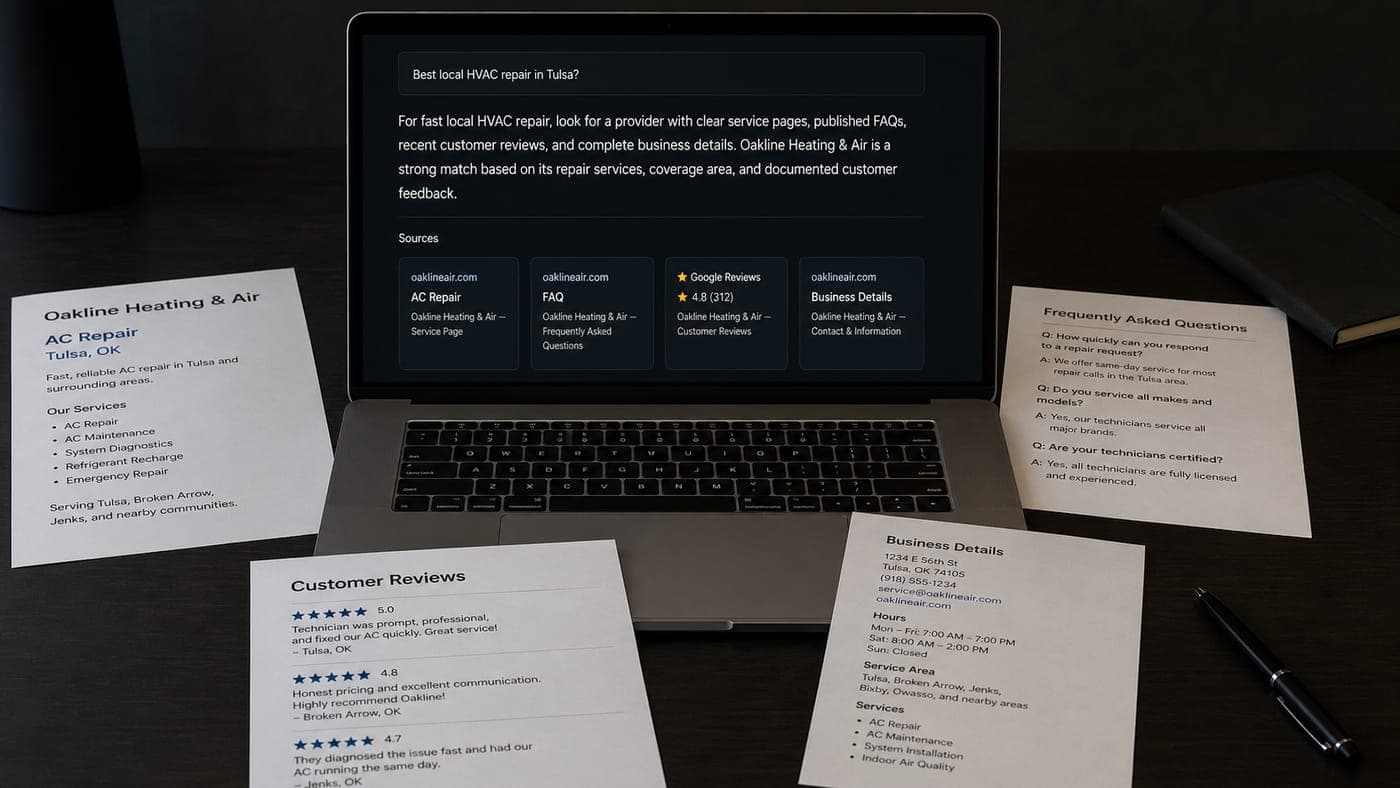 A laptop showing an AI-generated answer for a local HVAC business search query, surrounded by the citation source cards (FAQ, customer reviews, business details) the AI pulled from to write its response