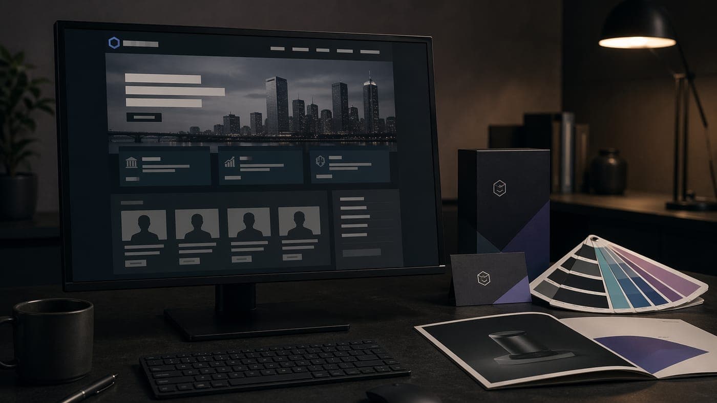 A dated small business homepage on a monitor showing a generic city skyline hero and legacy team grid, sitting next to the company's brand guidelines and color palette