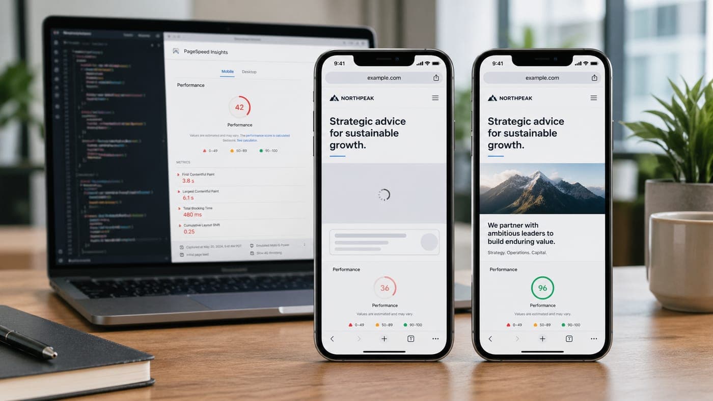 A laptop showing a code editor with red performance metrics on the left, contrasted with two smartphones displaying the same site rebuilt on a modern stack with green PageSpeed scores, illustrating the speed gap between legacy CMS and Next.js-class platforms