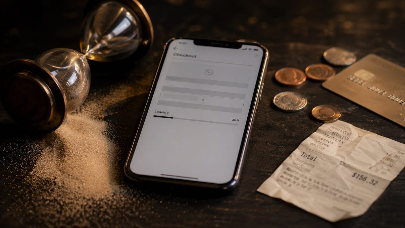 An hourglass with golden sand spilling onto a desk next to a smartphone displaying a slow-loading checkout screen, scattered coins, a credit card, and a printed retail receipt, illustrating how every second of page-load time bleeds revenue from each transaction