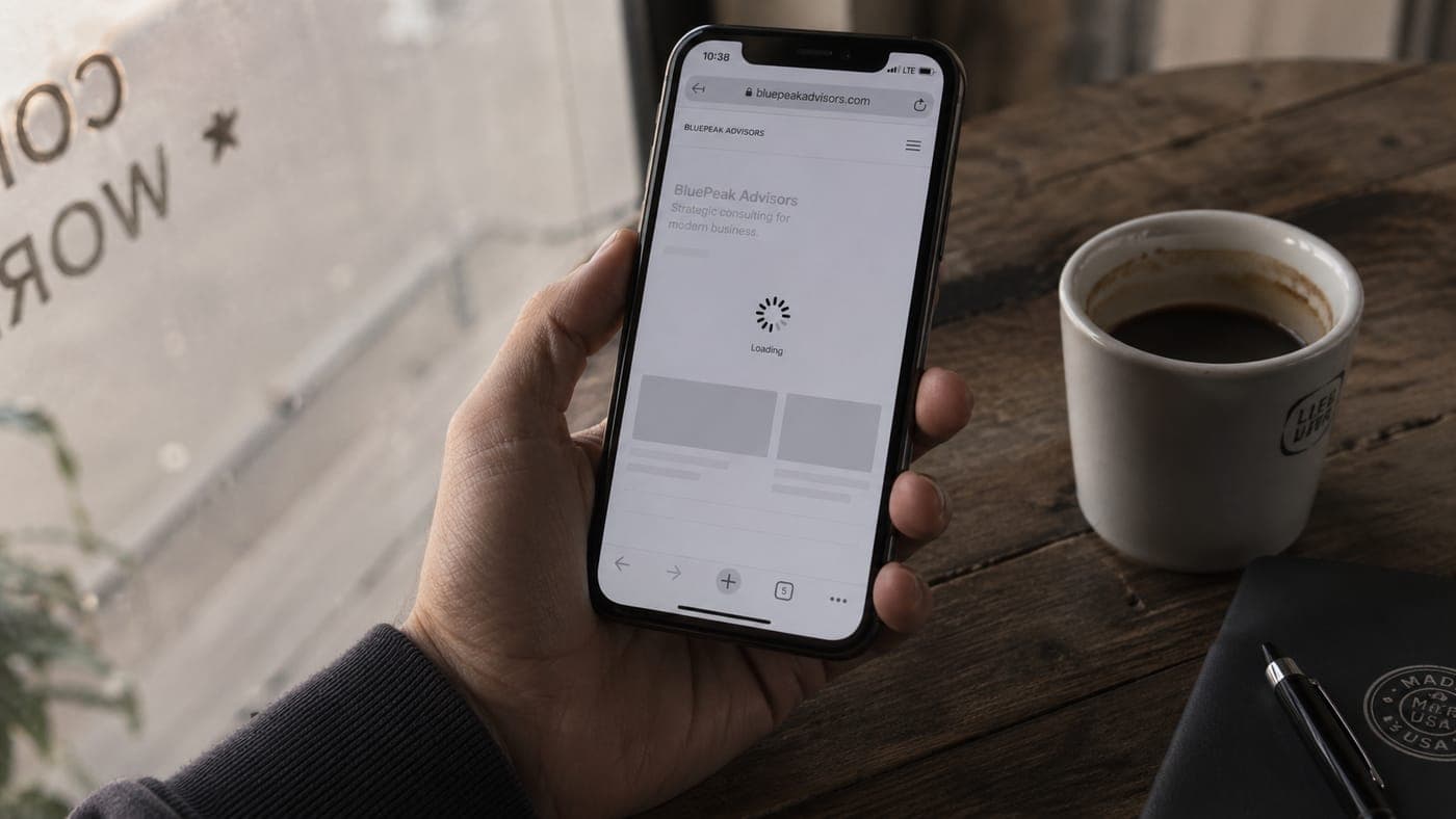 A hand holding a smartphone with a spinning loading indicator on a half-rendered website, sitting on a cafe bench next to a coffee mug, depicting the moment a frustrated customer decides to bounce