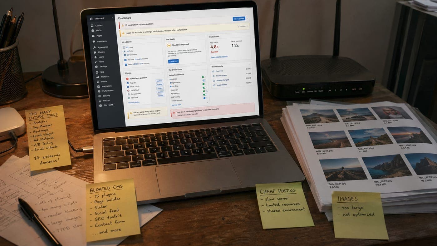 A laptop showing a WordPress admin dashboard surrounded by handwritten sticky notes calling out the four most common reasons sites are slow: bloated CMS, too many plugins, cheap shared hosting, and unoptimized images, with a network router and a stack of unedited photo prints on the desk