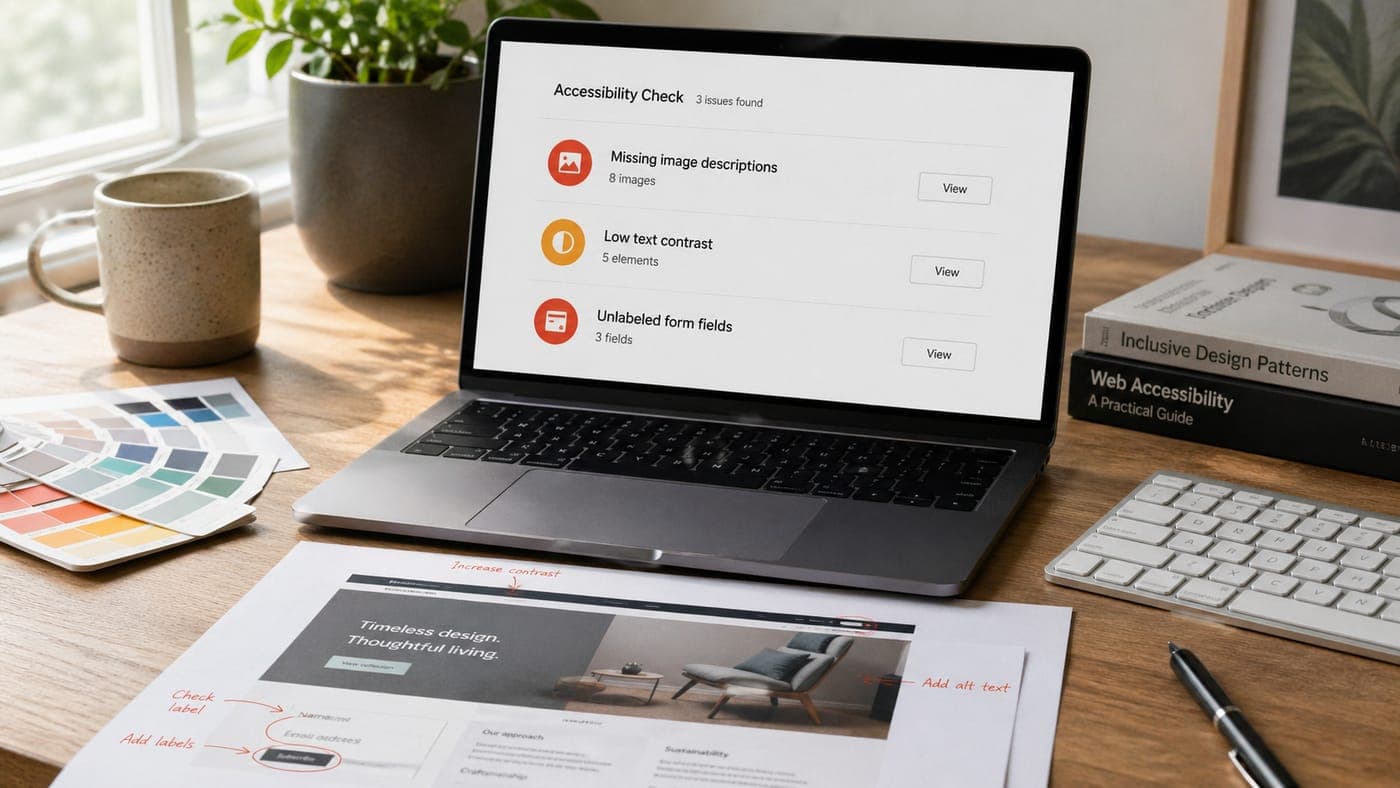 A laptop displaying an accessibility check dashboard listing three flagged issues (missing image descriptions, low text contrast, and unlabeled form fields), sitting next to a color palette, two web accessibility reference books, and a printed wireframe annotated with accessibility corrections