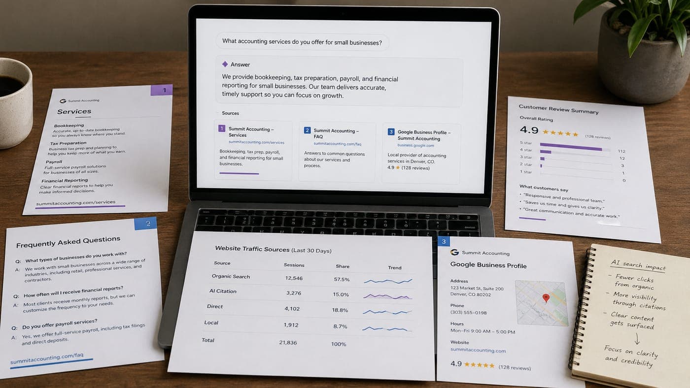 A laptop showing an AI-generated business answer with named citation cards alongside printed FAQs, a 30-day website traffic source breakdown that includes AI tools as their own channel, a 4.9-star customer review summary, and a Google Business Profile card with a local map
