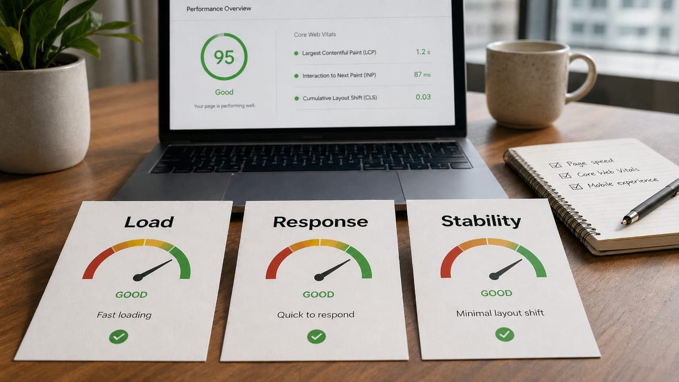 A laptop displaying a Core Web Vitals performance overview with the three Google ranking metrics (LCP, INP, CLS) all in green, with three printed gauge cards on the desk labeled Load, Response, and Stability, each reading 'GOOD'