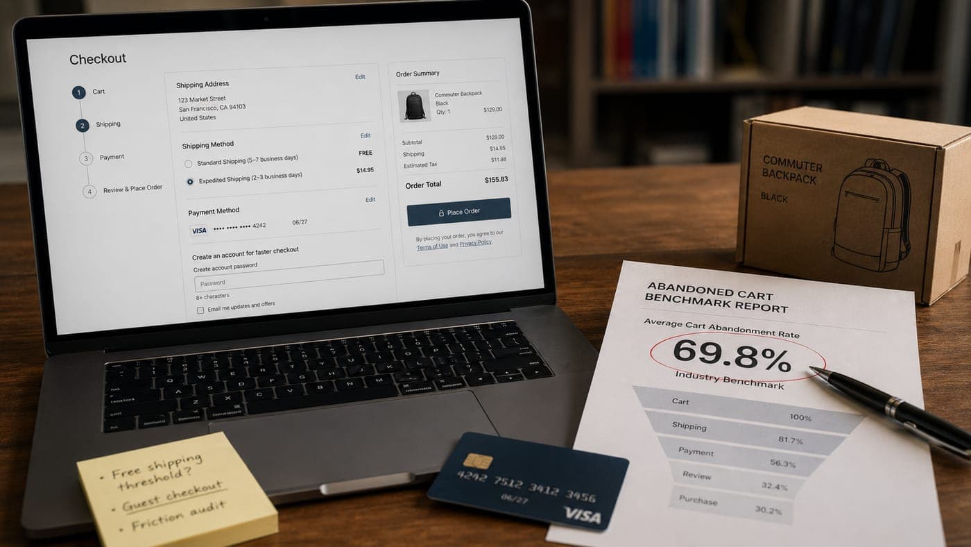 A laptop showing a multi-step e-commerce checkout interface, sitting next to an abandoned-cart benchmark report calling out the 69.8 percent industry average, a credit card, a small branded product box, and sticky notes flagging guest checkout and free shipping as friction questions