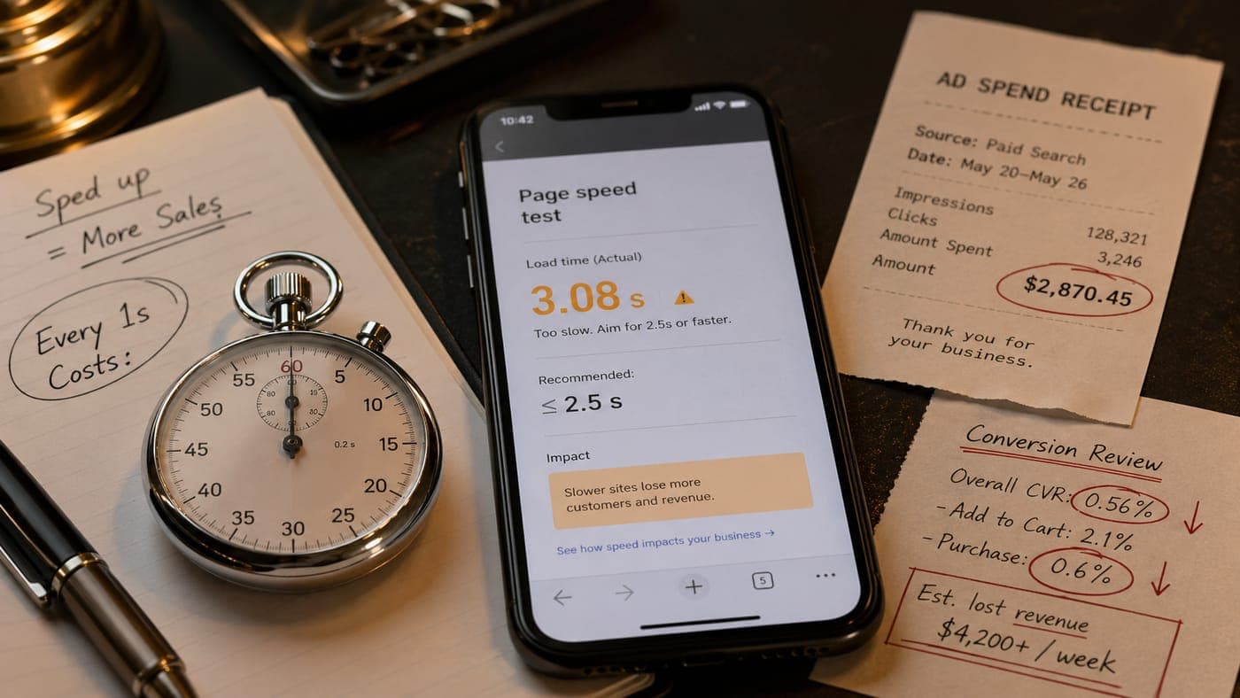 A vintage stopwatch sitting next to a smartphone running a page speed test showing a 3.08-second load time, alongside a printed paid-search ad spend receipt and a conversion review estimating $4,200 a week in lost revenue, illustrating the dollar cost of every additional second of load time