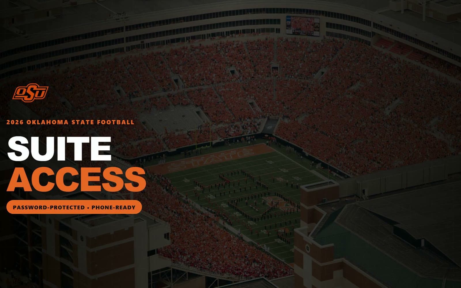 Suite Access demo video title over an aerial view of Boone Pickens Stadium